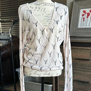 Skull Cashmere Cream V-Neck Long Sleeve with Black Skull Print